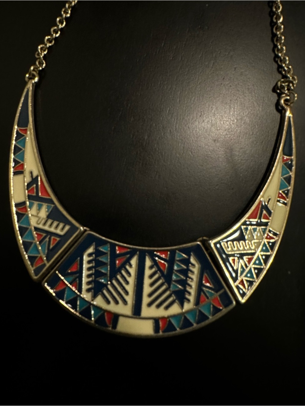 Gold-Tone Tribal Bib Necklace with Navy, Red, and Cream Enamel